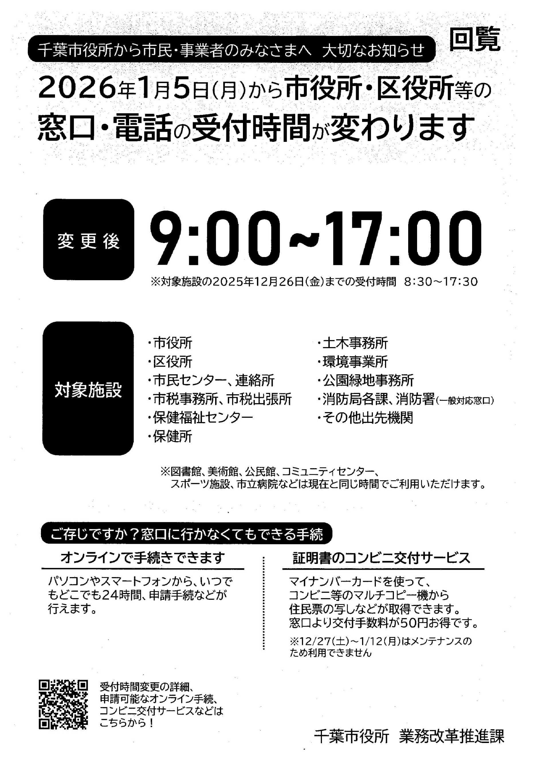 千葉市役所・区役所などの窓口・電話受付時間の変更について