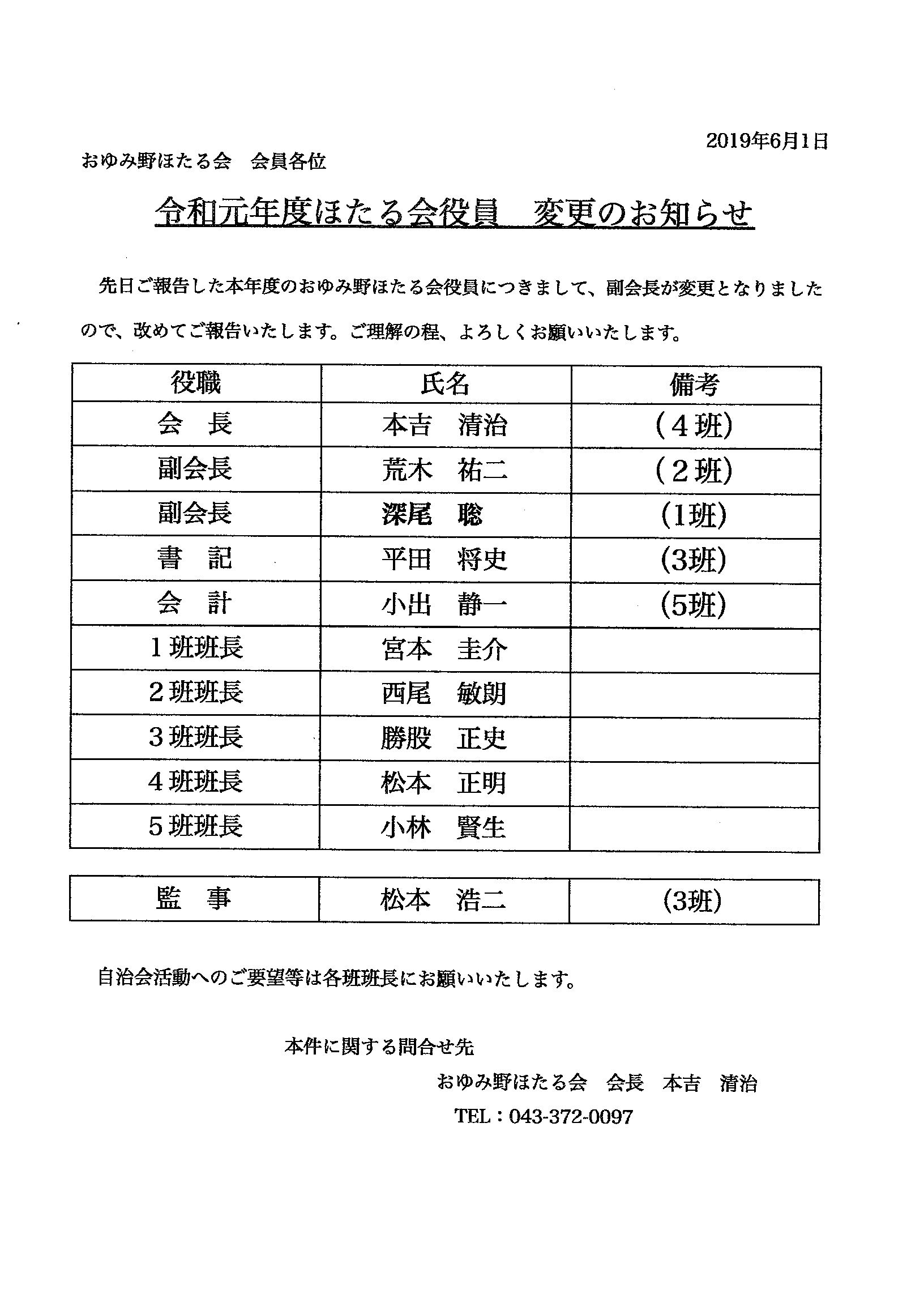 令和元年度ほたる会役員　変更のお知らせ